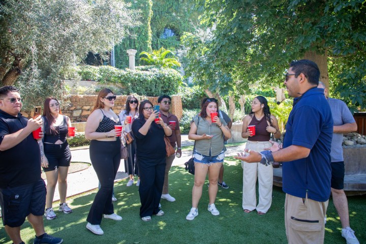 Group of people outdoors, some holding red cups, listening to a person speaking.